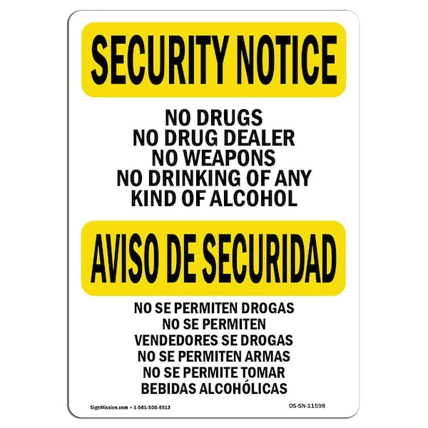 OSHA Security Sign, 3.5" Height, 5" Width, No Drugs Dealers Weapons Bilingual, Landscape, 10PK